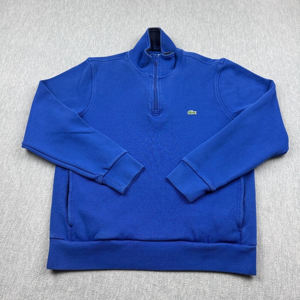 Lacoste Sweater Mens XL Blue Cotton Quarter Zip Crocodile Logo Pockets Classic